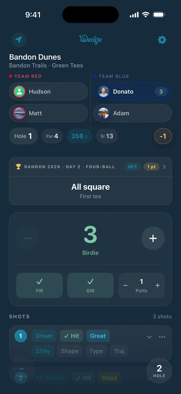 Wedge Golf hole scoring screen for a group.